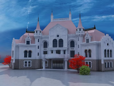 Historic Building Featuring White Exterior Pink Roof Spires Arched Windows Red Trees And Blue Sky 3d model