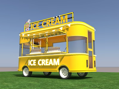 Yellow Ice Cream Truck With Displayed Treats On Green Grass And Blue Sky 3d model