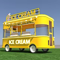 Yellow Ice Cream Truck With Displayed Treats On Green Grass And Blue Sky