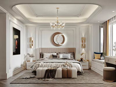 Elegant Modern Bedroom Interior With Chandelier Round Mirror And Bedside Tables 3d model