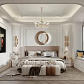 Elegant Modern Bedroom Interior With Chandelier Round Mirror And Bedside Tables