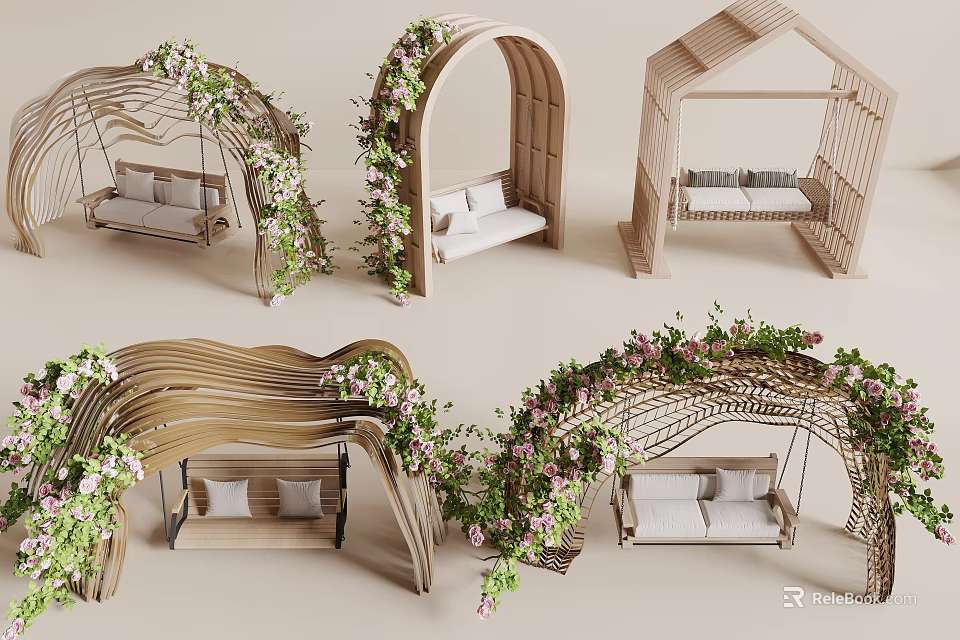 Woven Wooden Hanging Swing Chair Decorated With Green Vines And Colorful Flowers 3d model 