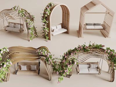 Woven Wooden Hanging Swing Chair Decorated With Green Vines And Colorful Flowers 3d model