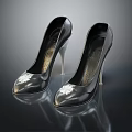 Elegant Black High Heel Shoes With Leather Stiletto Heels Shiny Surface And White Decorations