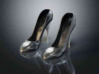 Elegant Black High Heel Shoes With Leather Stiletto Heels Shiny Surface And White Decorations 3d model