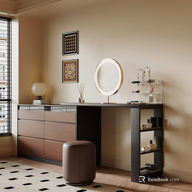 Modern Vanity Table with Round Mirror Storage Drawers Brown Stool Beige Wall Decor 3d model