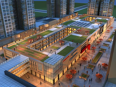 Modern Commercial Street with High Rise Buildings Open Glass Facade Green Roof Pedestrians and Umbrellas 3d model