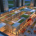 Modern Commercial Street with High Rise Buildings Open Glass Facade Green Roof Pedestrians and Umbrellas