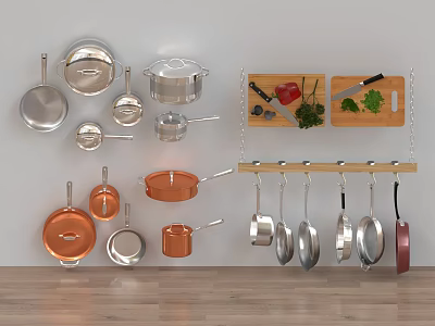 Stylish Kitchen Cookware Display With Hanging Pots Pans Cutting Board Knives And Vegetables 3d model