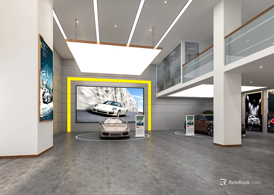 Modern Car Dealership Showroom With New Exhibition Car And Large Screen 3d model 