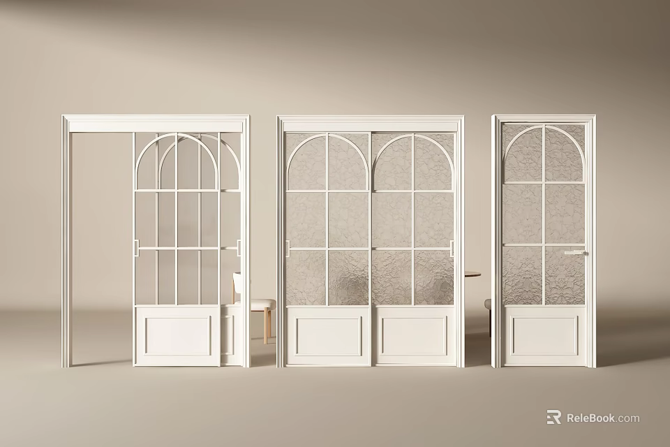 Elegant White Sliding Doors With Arched Glass Panels And Grid Design 3d model 