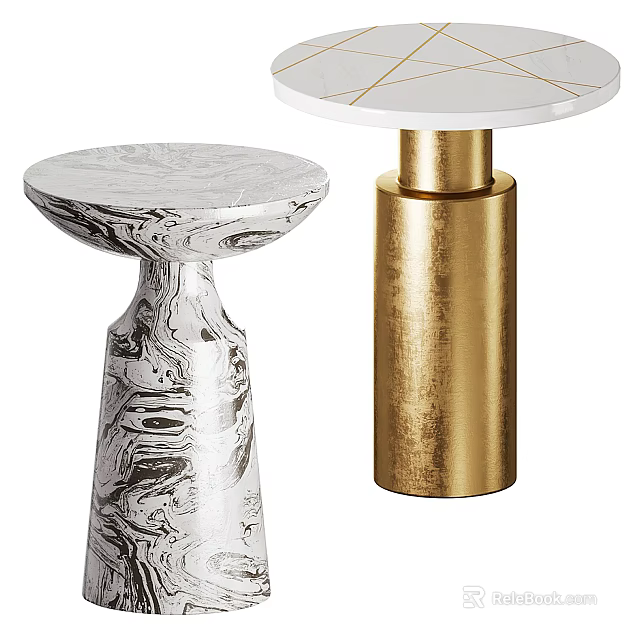 Round Side Tables With Marble Top White Surface And Gold Cylinder Base Design 3d model 