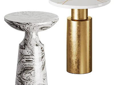 Round Side Tables With Marble Top White Surface And Gold Cylinder Base Design 3d model