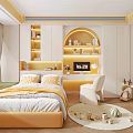 Modern Kids Room Interior With Yellow White Bed Lit Bookshelves Chair Round Rug And Toys