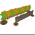 Yellow Traffic Barriers With Green Arrow Signs And Brown Fence On Wheeled Bases