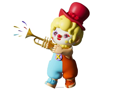 Clown Doll With Red Top Hat Blonde Curly Hair Playing Golden Trumpet And Colorful Confetti 3d model