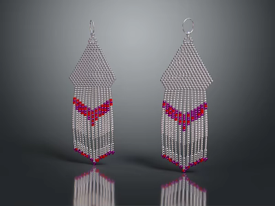 Silver Tassel Earrings With Red And Purple Beaded Decorative Design 3d model