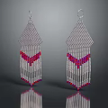 Silver Tassel Earrings With Red And Purple Beaded Decorative Design