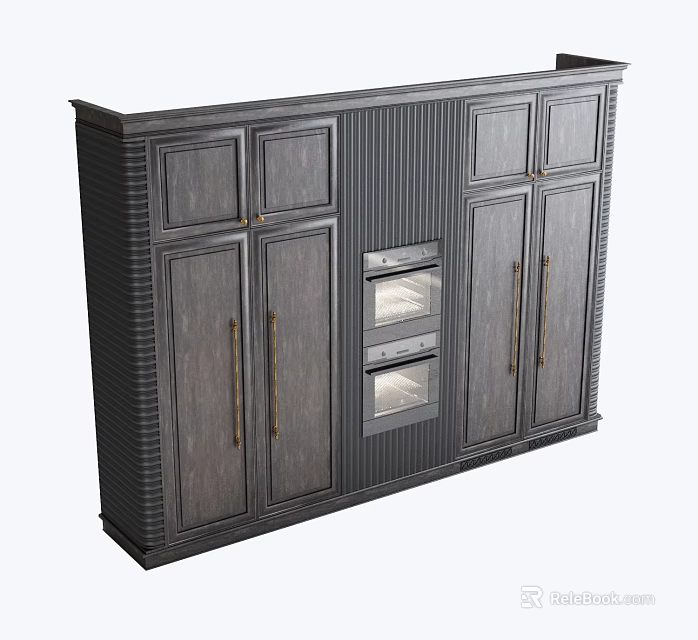 Dark Gray Wooden Kitchen Cabinets With Brass Handles And Built In Double Ovens 3d model 