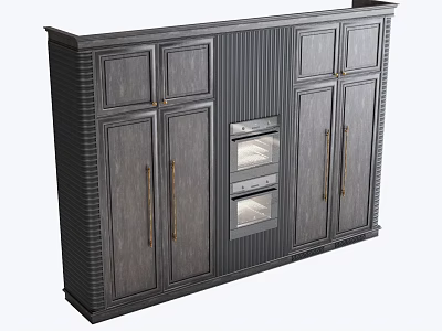 Dark Gray Wooden Kitchen Cabinets With Brass Handles And Built In Double Ovens 3d model