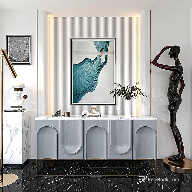 Modern Console Table Sideboard with Marble Top Decorative Sculpture Green Plants and Wall Art 3d model 