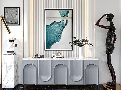 Modern Console Table Sideboard with Marble Top Decorative Sculpture Green Plants and Wall Art 3d model