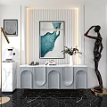 Modern Console Table Sideboard with Marble Top Decorative Sculpture Green Plants and Wall Art