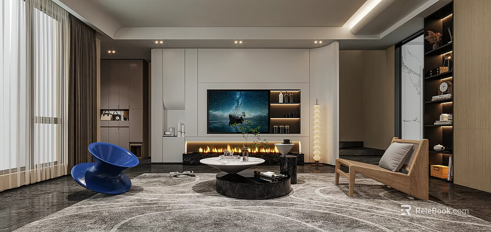 Modern Living Room Interior With Large TV Wall Fireplace Round Coffee Table And Blue Chair 3d model 