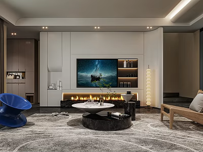 Modern Living Room Interior With Large TV Wall Fireplace Round Coffee Table And Blue Chair 3d model