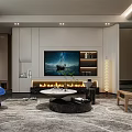 Modern Living Room Interior With Large TV Wall Fireplace Round Coffee Table And Blue Chair