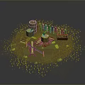Wood and Stone Craft Scene Featuring Barrel Fence Bench Saw and Tree Stump