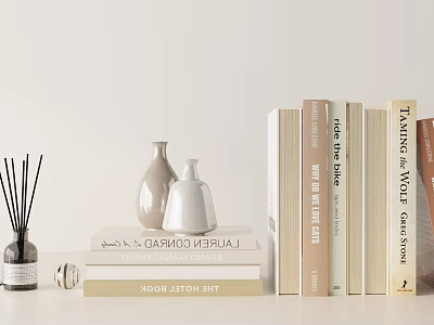 Stylish Decorative Ornament Set With Stacked Books Ceramic Vases And Reed Diffuser 3d model