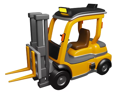 Yellow Forklift with Black Roof Warning Lights Gray Forks and Brown Seat 3d model