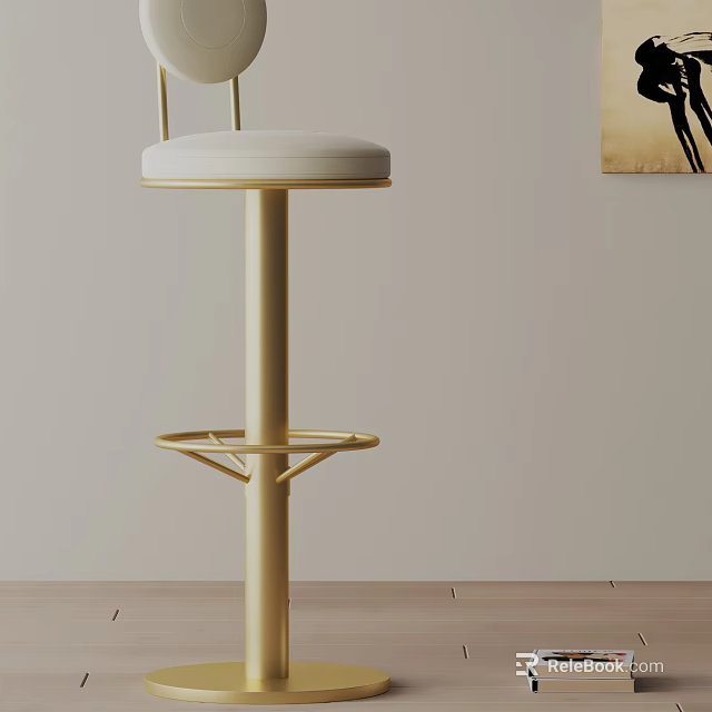 Modern Golden Metal Bar Stool With White Padded Seat And Footrest In Light Room 3d model 