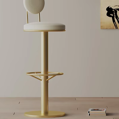 Modern Golden Metal Bar Stool With White Padded Seat And Footrest In Light Room 3d model