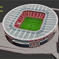 Modern Stadium Architecture With Red Seats Green Football Pitch And White Roof Structure
