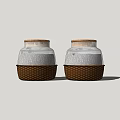 Two White Spice Jars With Wicker Basket Bases And Wooden Lids