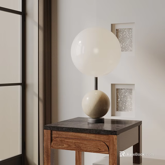 Modern Table Lamp With Spherical Marble Base And White Shade On Dark Countertop Wooden Cabinet 3d model 