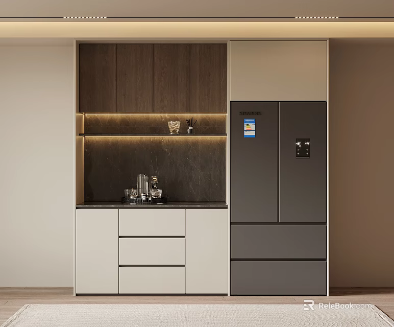 Modern Wooden Wine Cabinet Interior With LED Strip Lights Black Countertop White Drawers And Refrigerator 3d model 