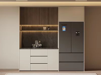 Modern Wooden Wine Cabinet Interior With LED Strip Lights Black Countertop White Drawers And Refrigerator 3d model