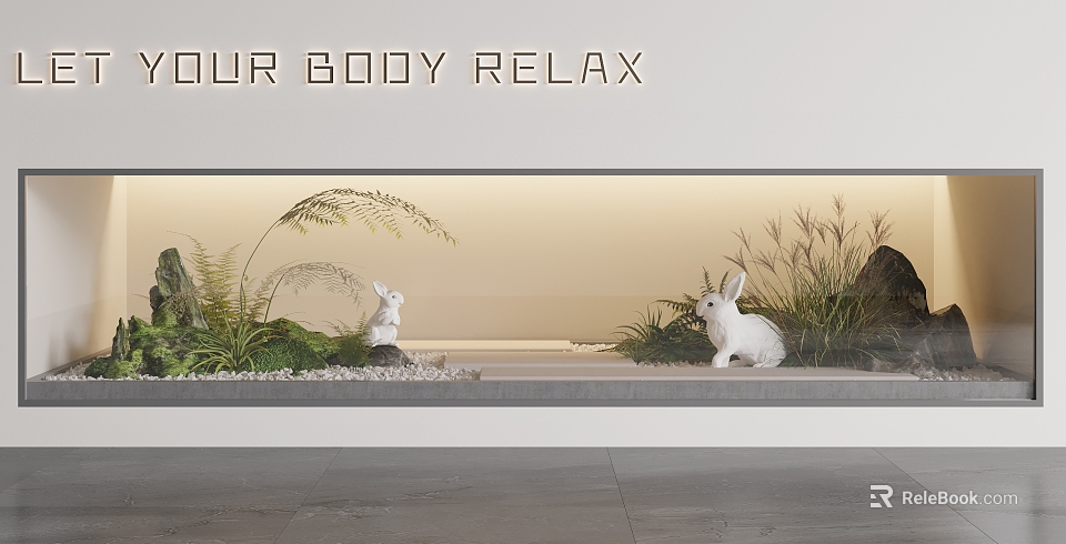 Serene Indoor Landscape With Green Plants White Rabbits And Soft Relaxing Ambiance 3d model 