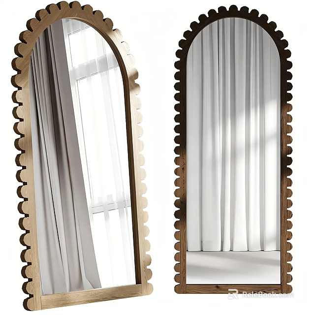 Two Stylish Scalloped Frame Mirrors In Interior Reflecting White Curtains And Window 3d model 