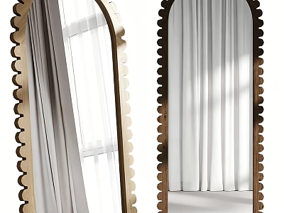 Two Stylish Scalloped Frame Mirrors In Interior Reflecting White Curtains And Window 3d model