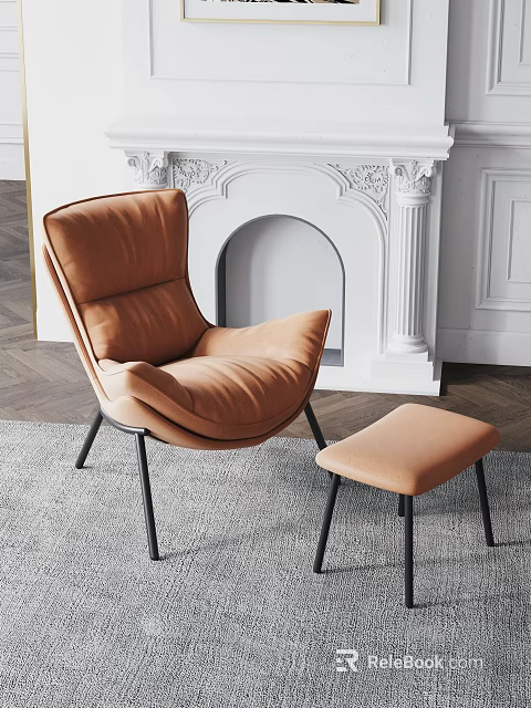 Modern Brown Accent Chair with Soft Upholstery and Ottoman in Fireplace Living Room 3d model 