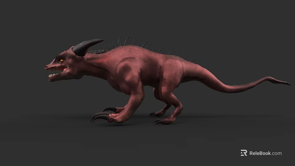 Red Horned Spiked Flying Creature With Sharp Teeth And Claws On Gray Background 3d model 