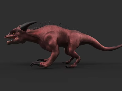 Red Horned Spiked Flying Creature With Sharp Teeth And Claws On Gray Background 3d model