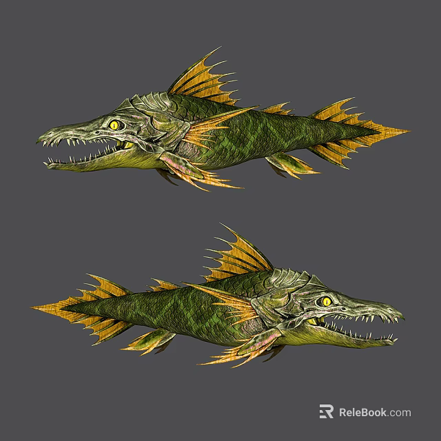 Fierce Aquatic Animals With Green Yellow Scales Sharp Teeth And Spiky Fins 3d model 