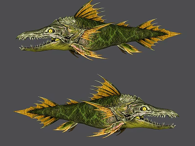 Fierce Aquatic Animals With Green Yellow Scales Sharp Teeth And Spiky Fins 3d model