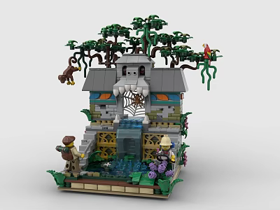 Detailed Building Blocks Scene With Cabin Waterfall Trees And Figures 3d model