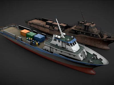 Modern Cargo Ship with Colorful Containers on Deck and Vintage Rusty Vessel 3d model